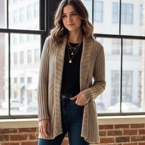 Chicos $90 Small Beige Open Knit Cotton Blend Shawl Collar Open Front Cardigan‎